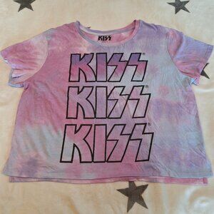 Kiss Band Cropped T-Shirt Womens Juniors XXL (19) Pink Purple Tie Dye Rock Music